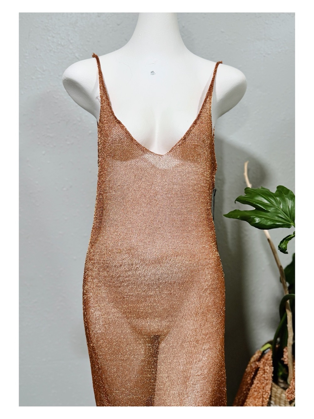Superdown Metallic Copper Mesh Slip Dress Sheer Bodycon Midi Small